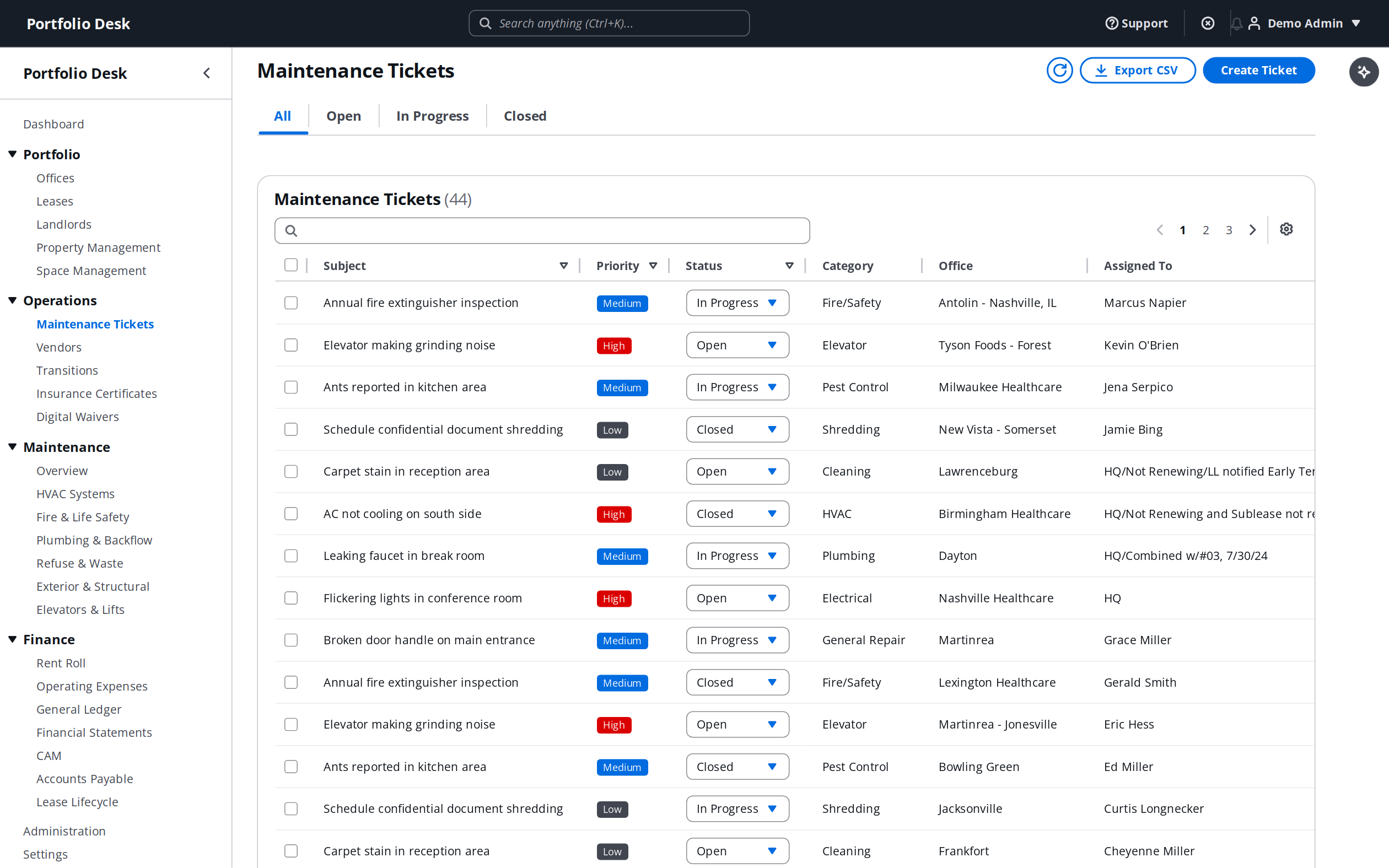 Maintenance tickets list with priority, status, category and office columns