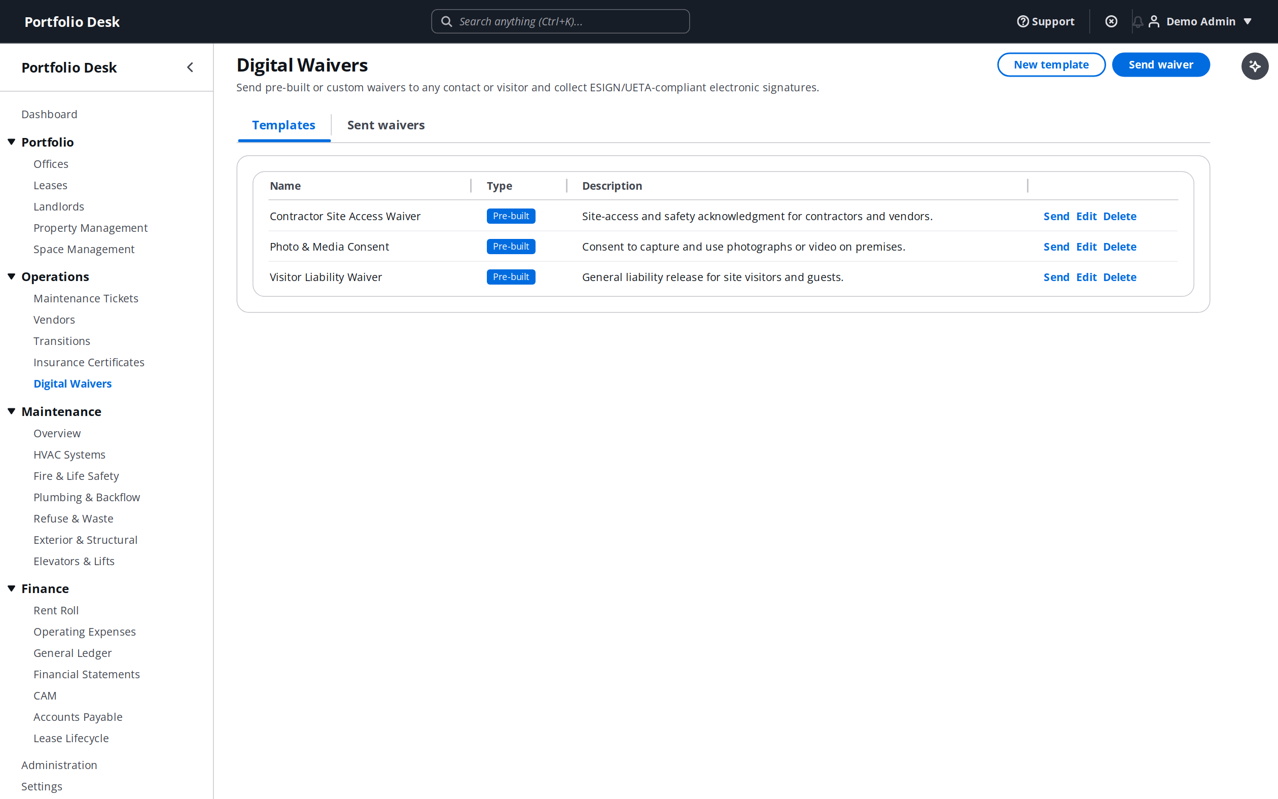 Digital Waivers page listing pre-built waiver templates for e-signature