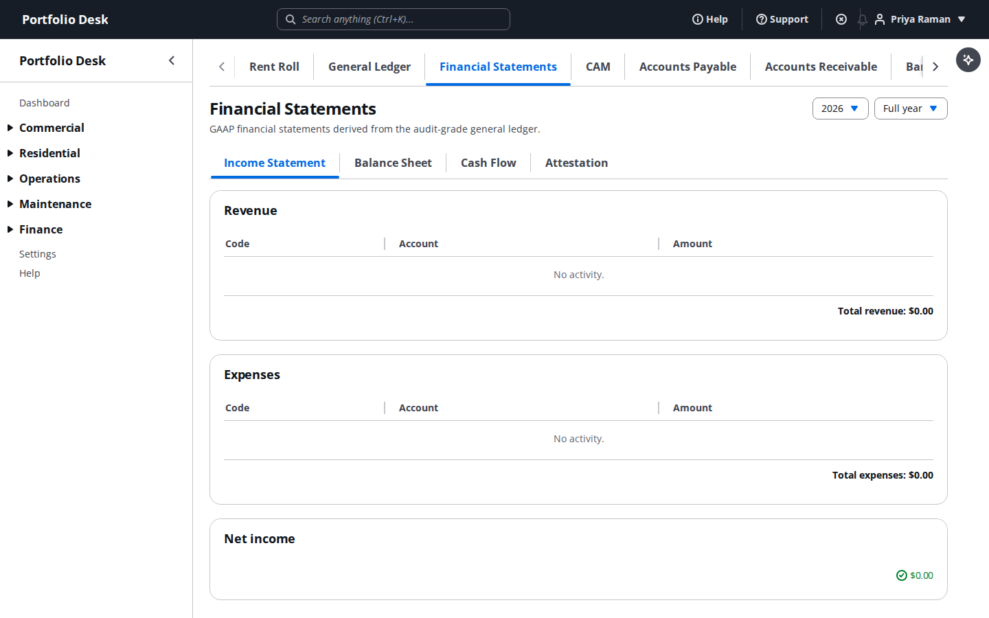 Financial statements screen
