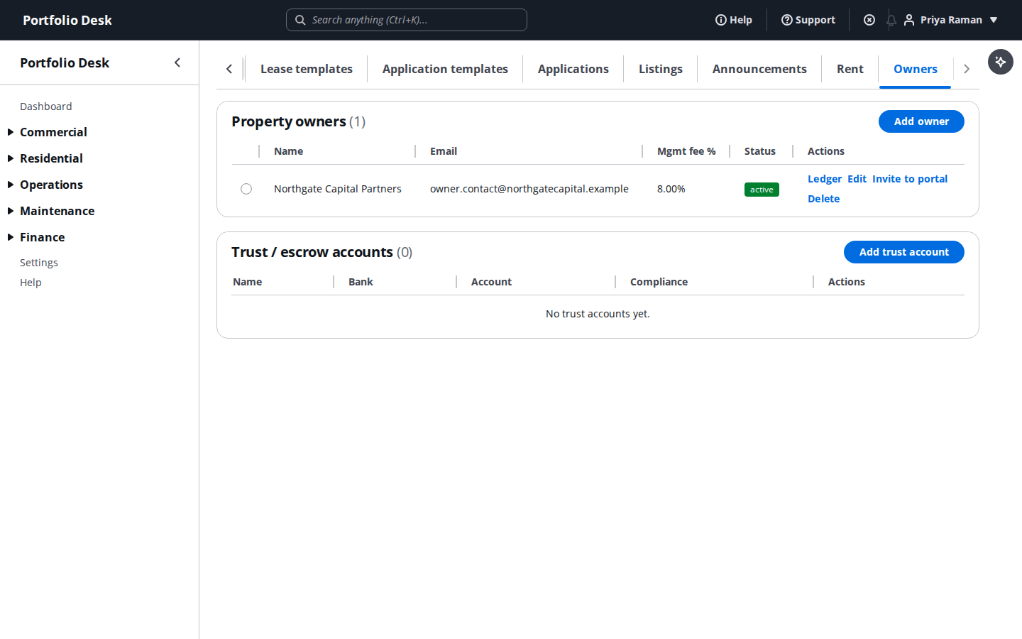 Owner and trust accounting screen