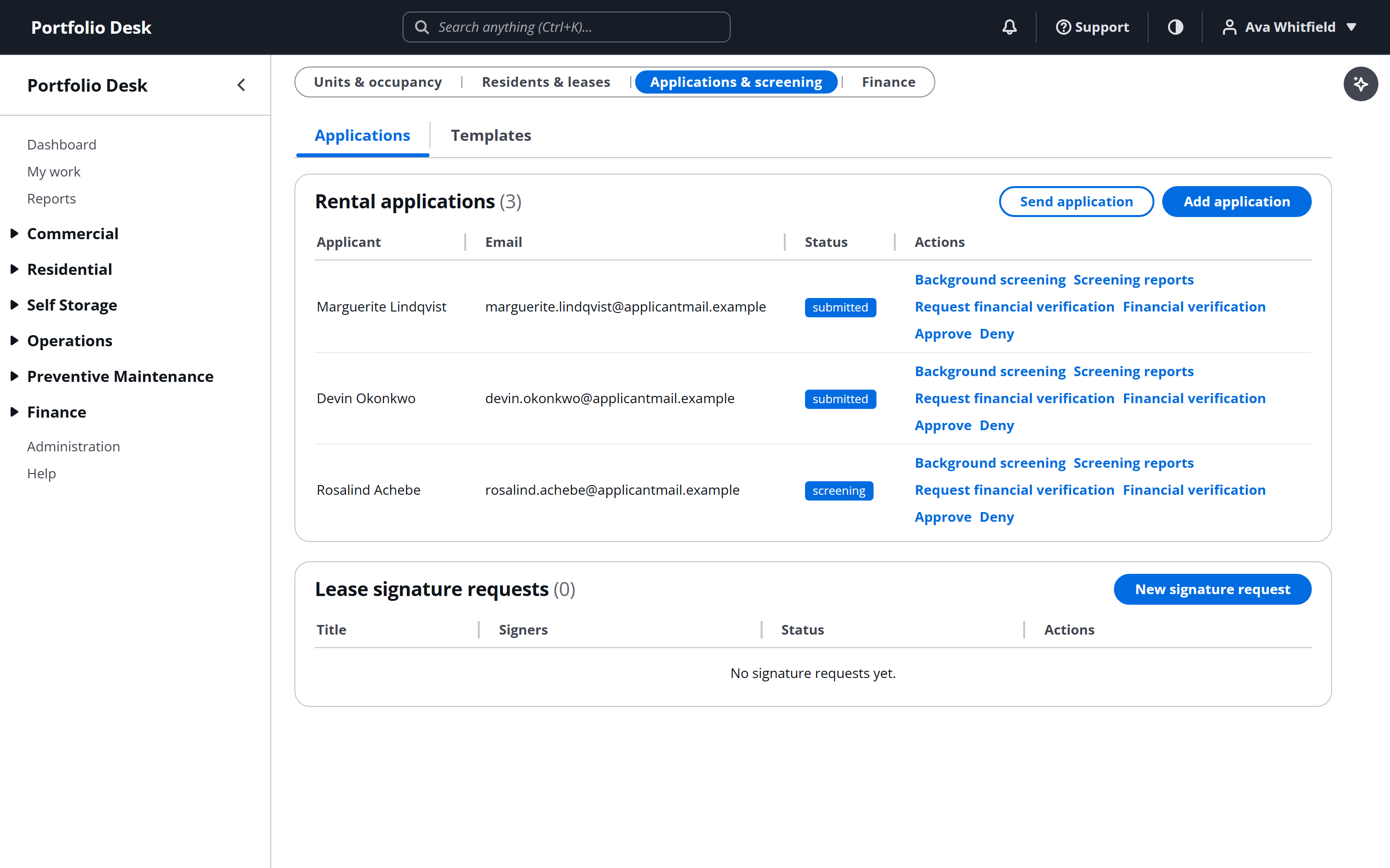 Applications list showing screening status for each applicant