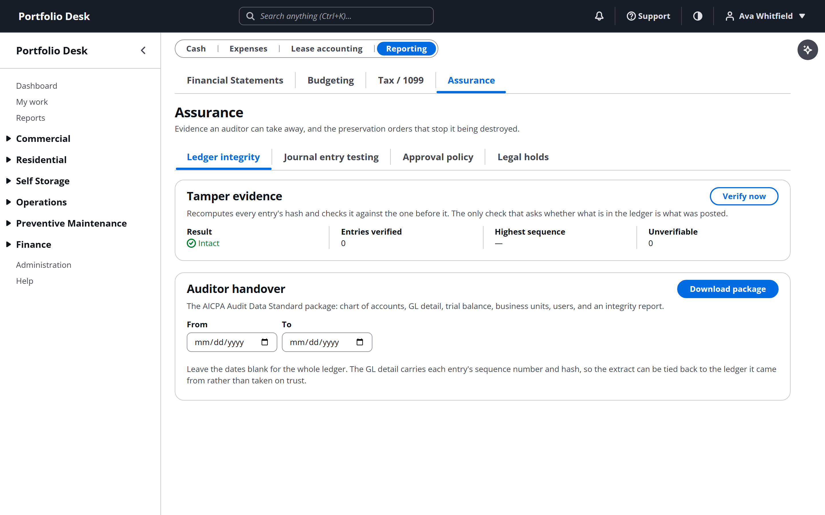 Ledger assurance page with chain verification and journal entry tests