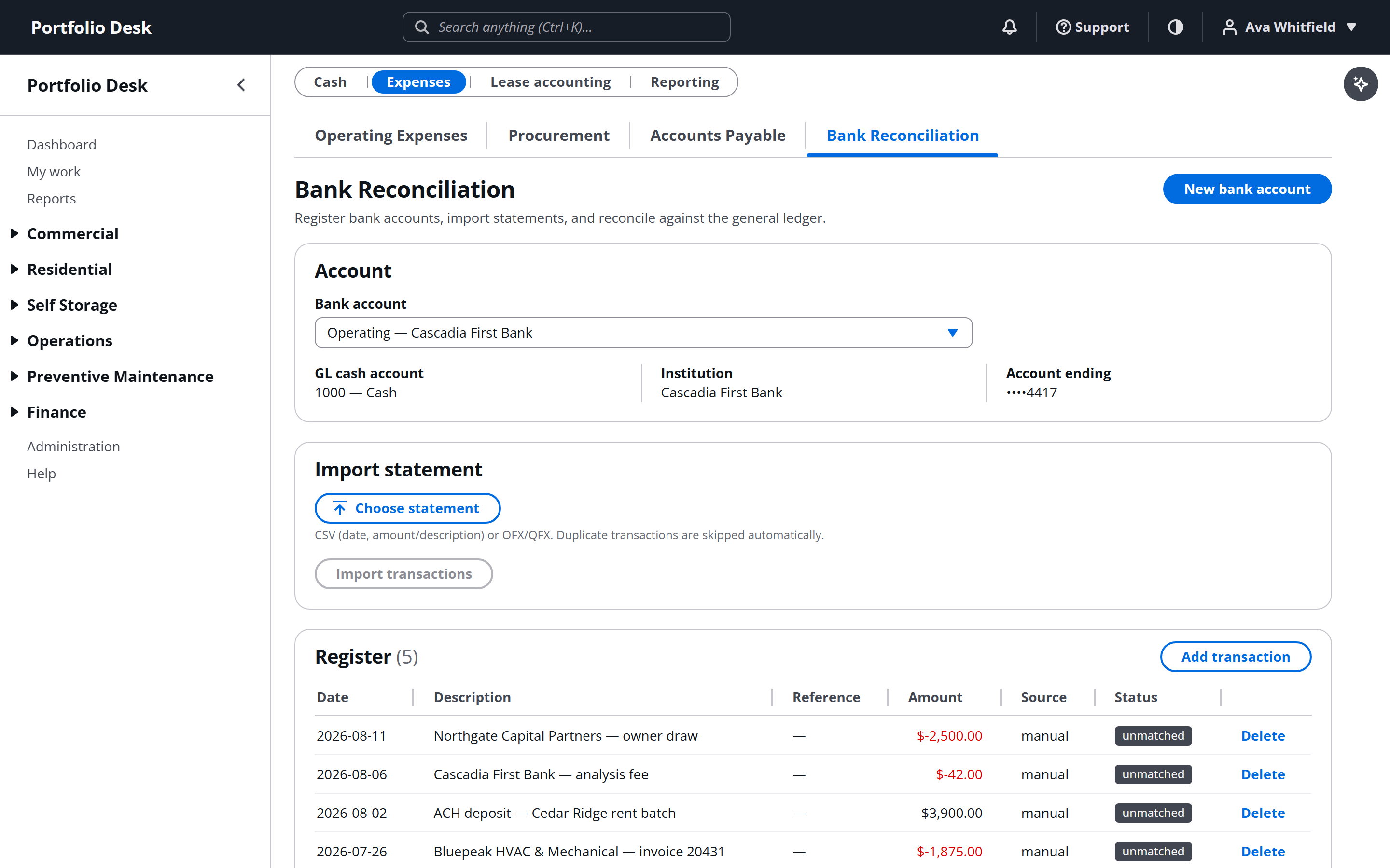 Bank reconciliation workspace with imported transactions