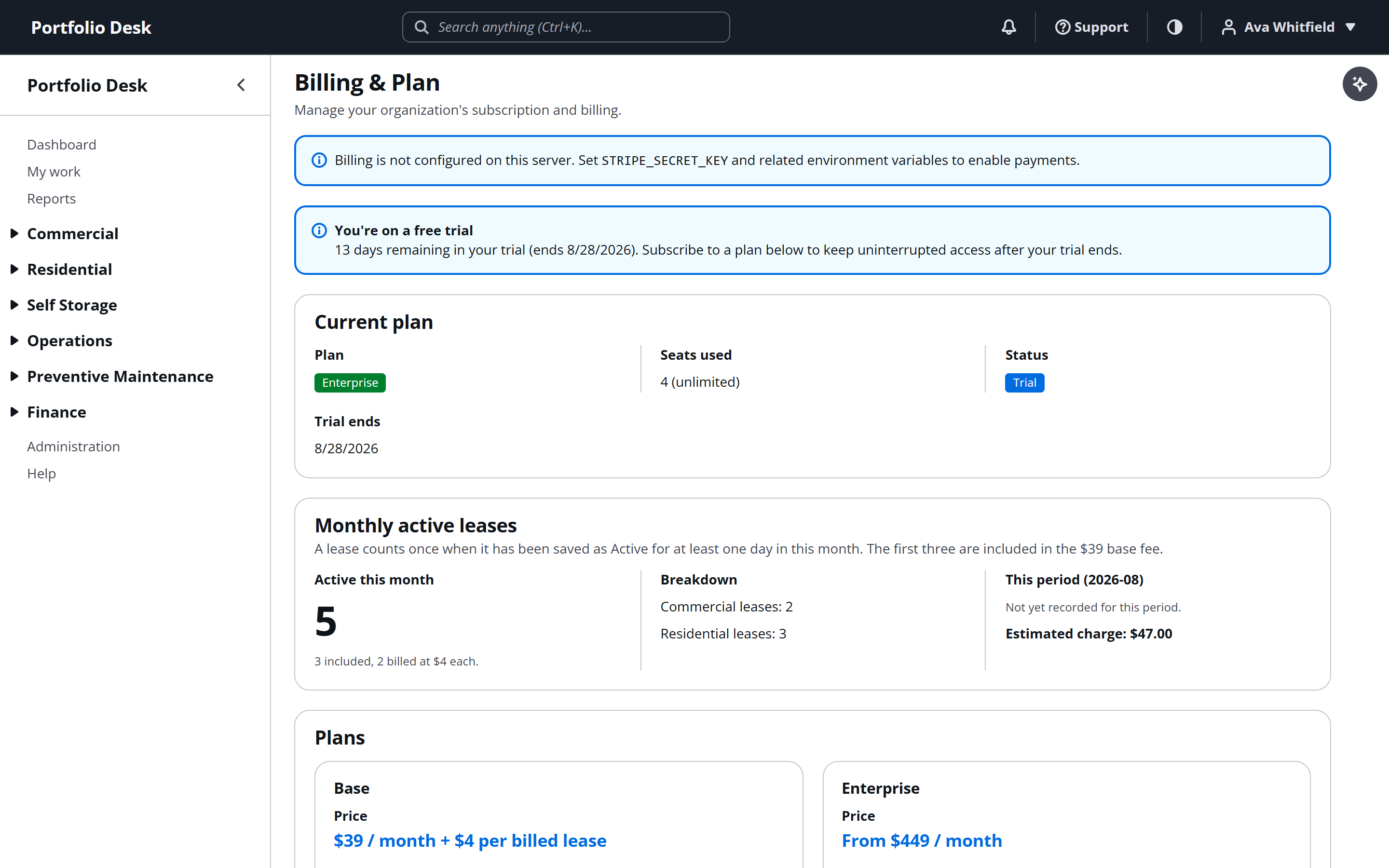 Billing page showing plan, usage and invoices