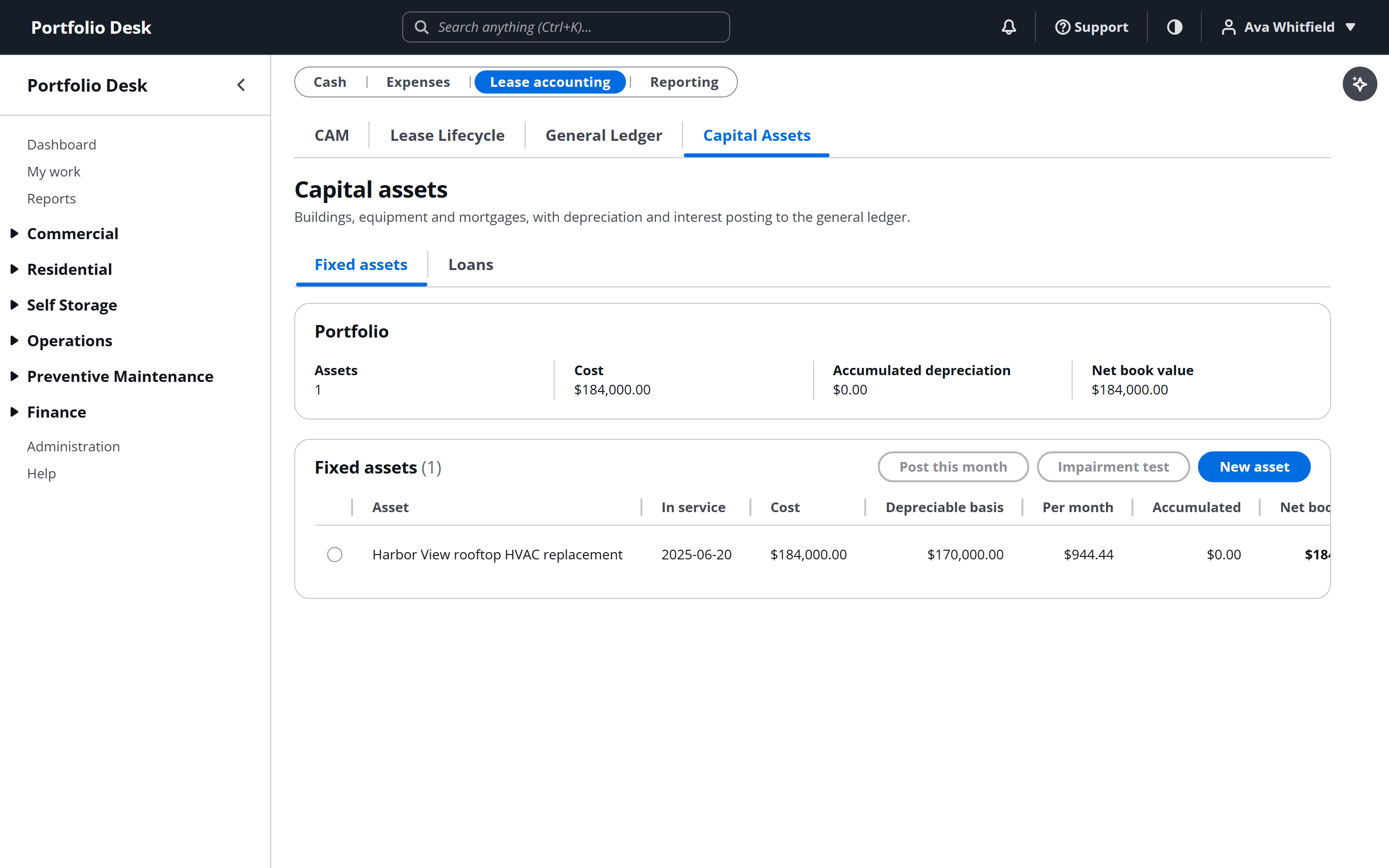 Capital assets page with fixed assets and loan schedules