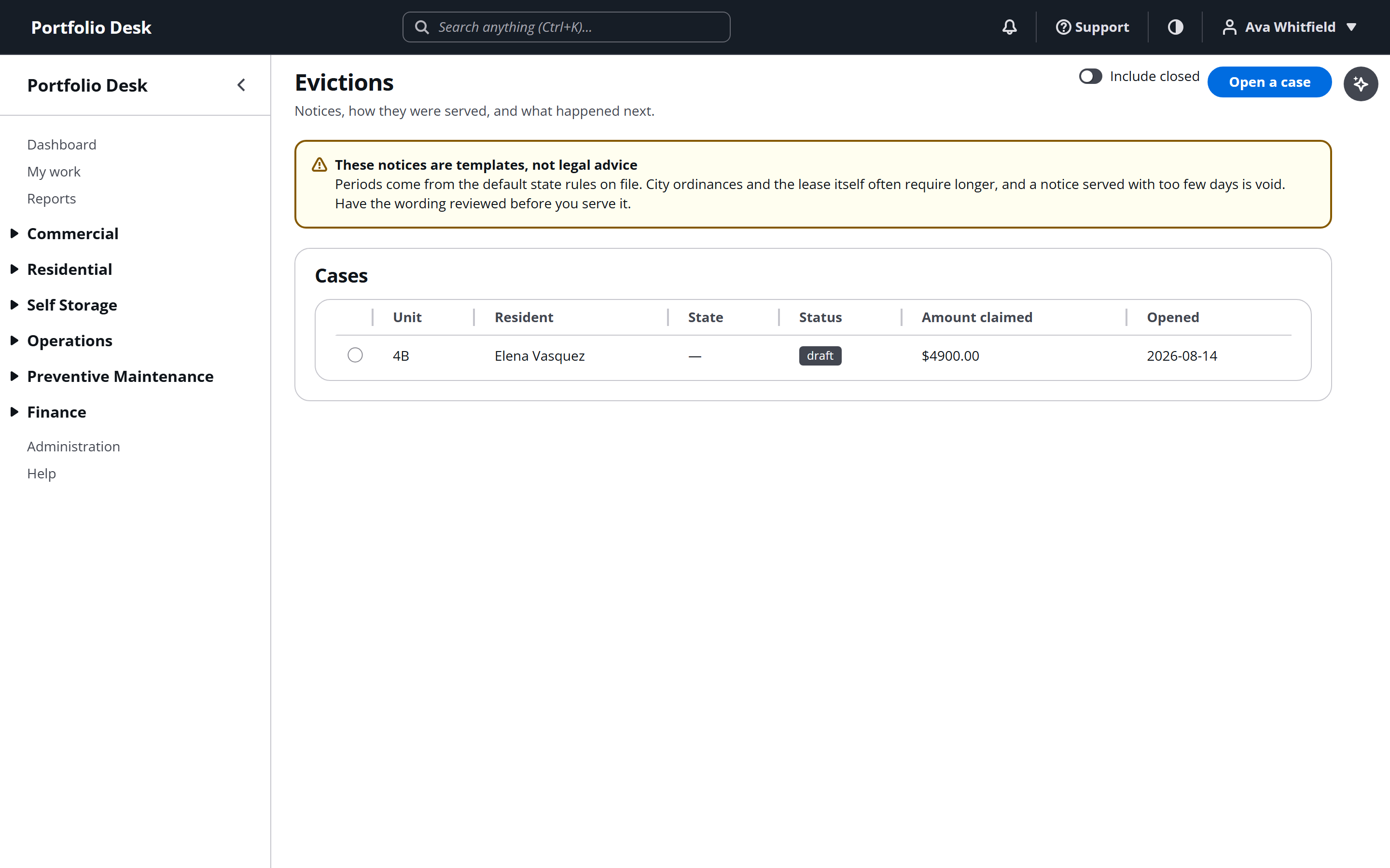 Eviction case board showing open cases and their status