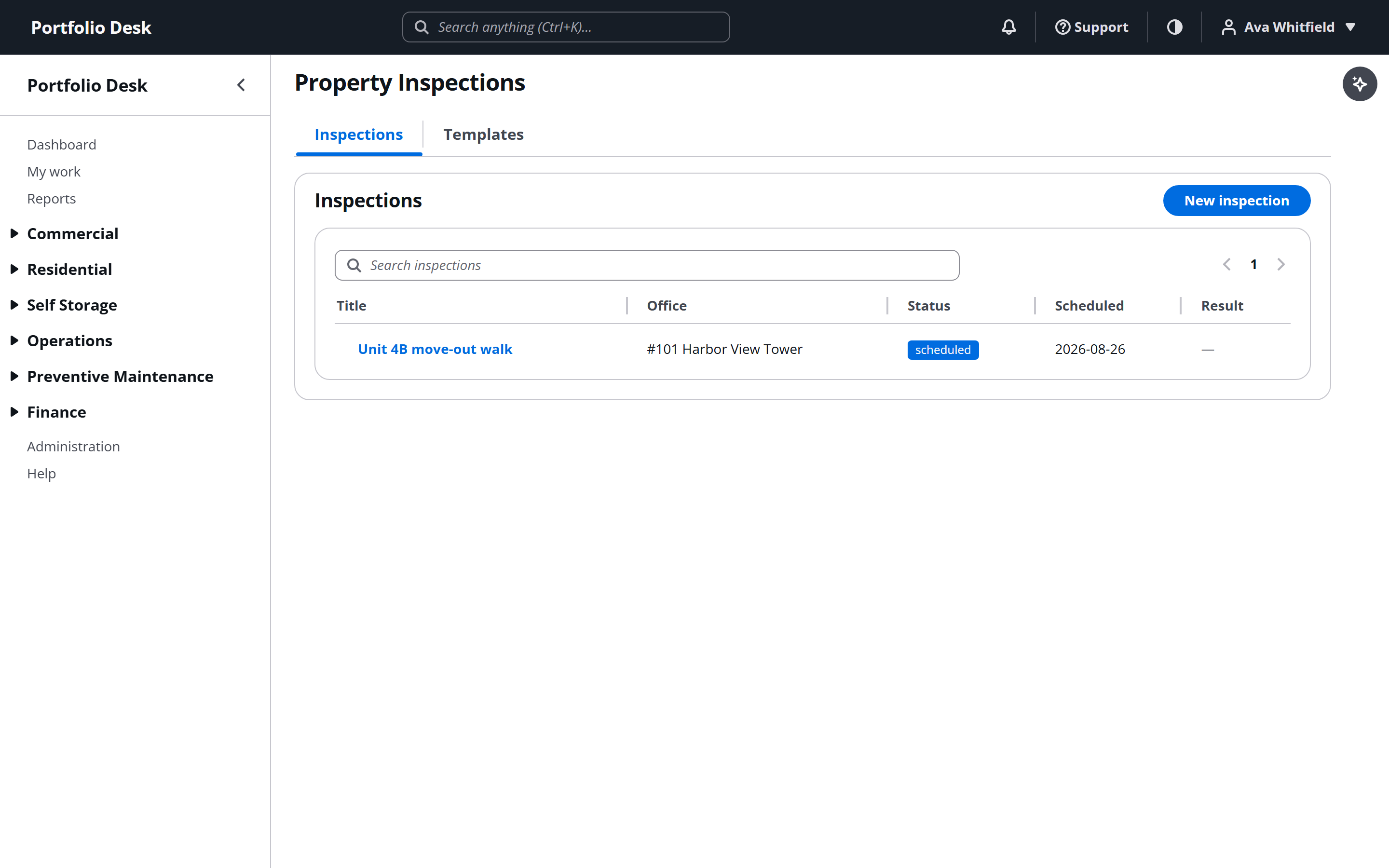 Inspections page with templates and scheduled inspections
