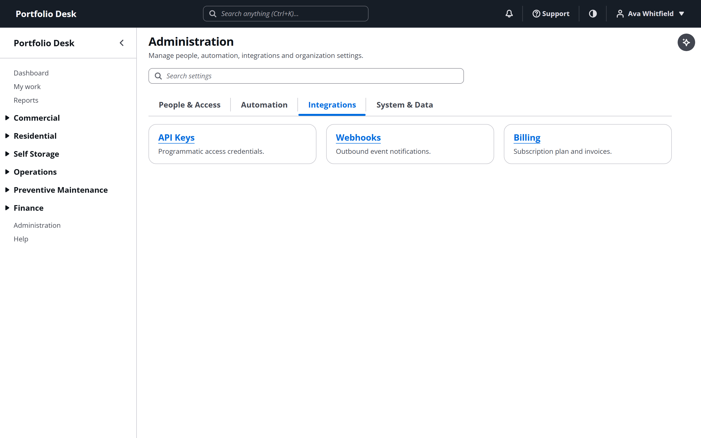Integrations page showing connector configuration and readiness