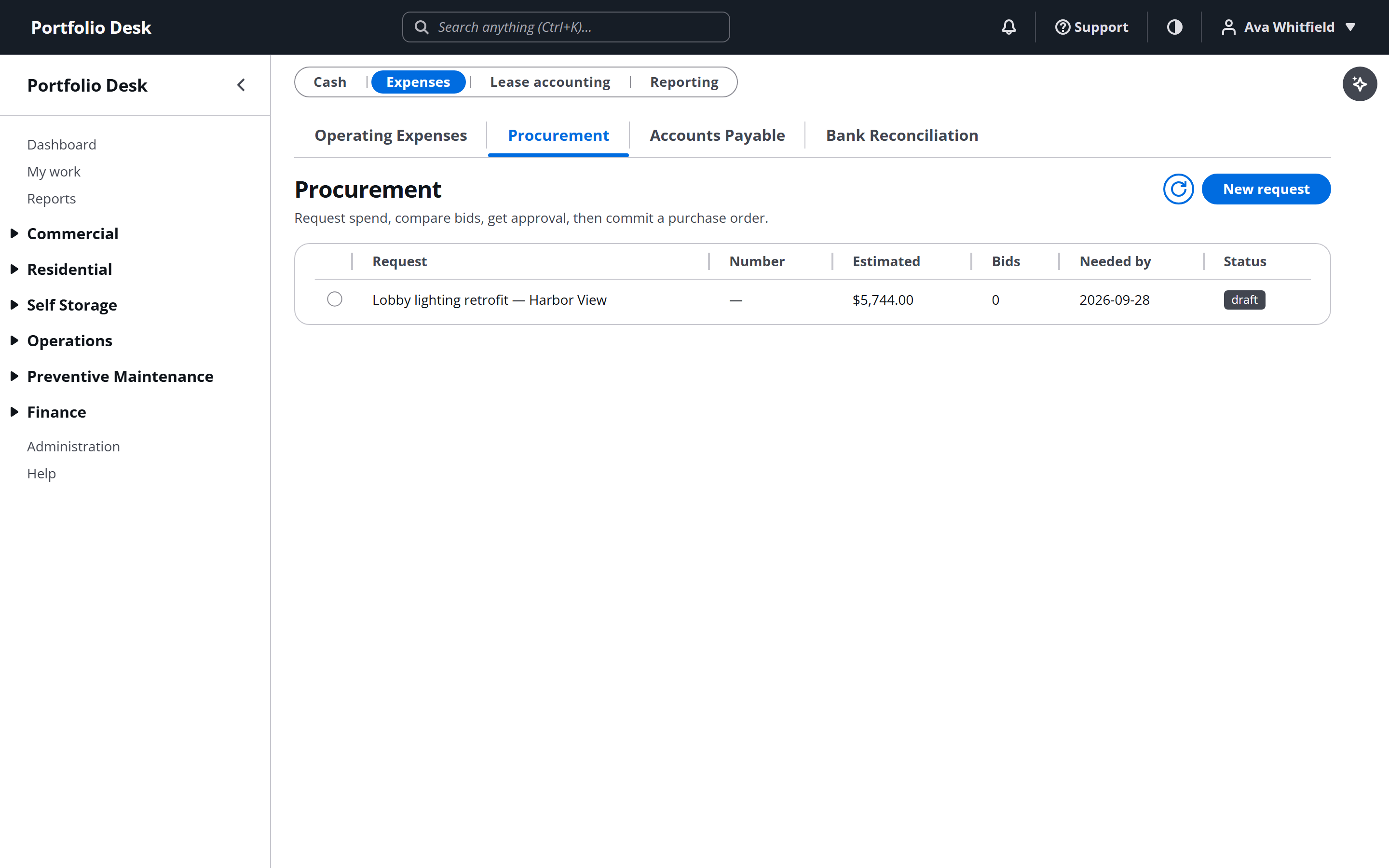 Procurement page showing requisitions and purchase orders