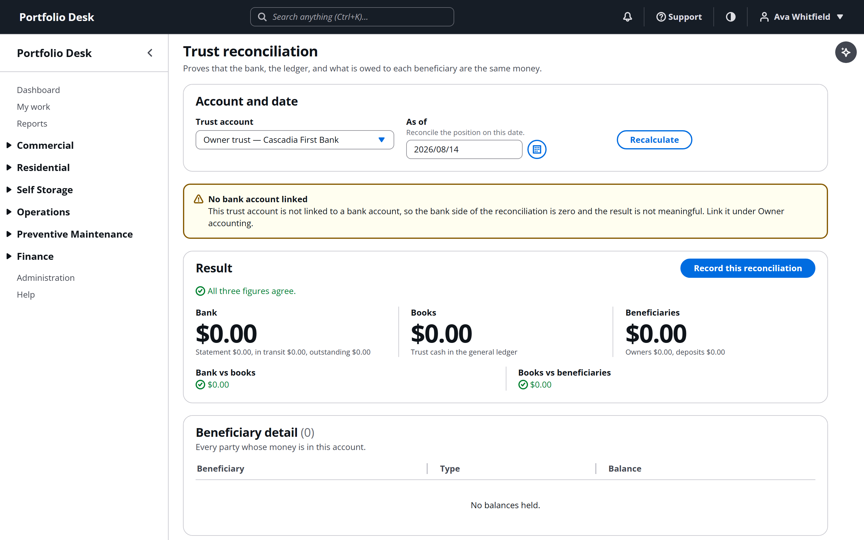 Trust account reconciliation showing bank, ledger and beneficiary balances