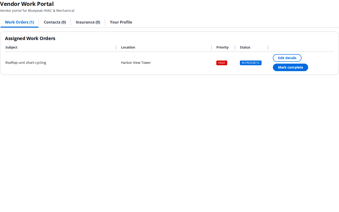 Vendor work portal showing assigned work orders